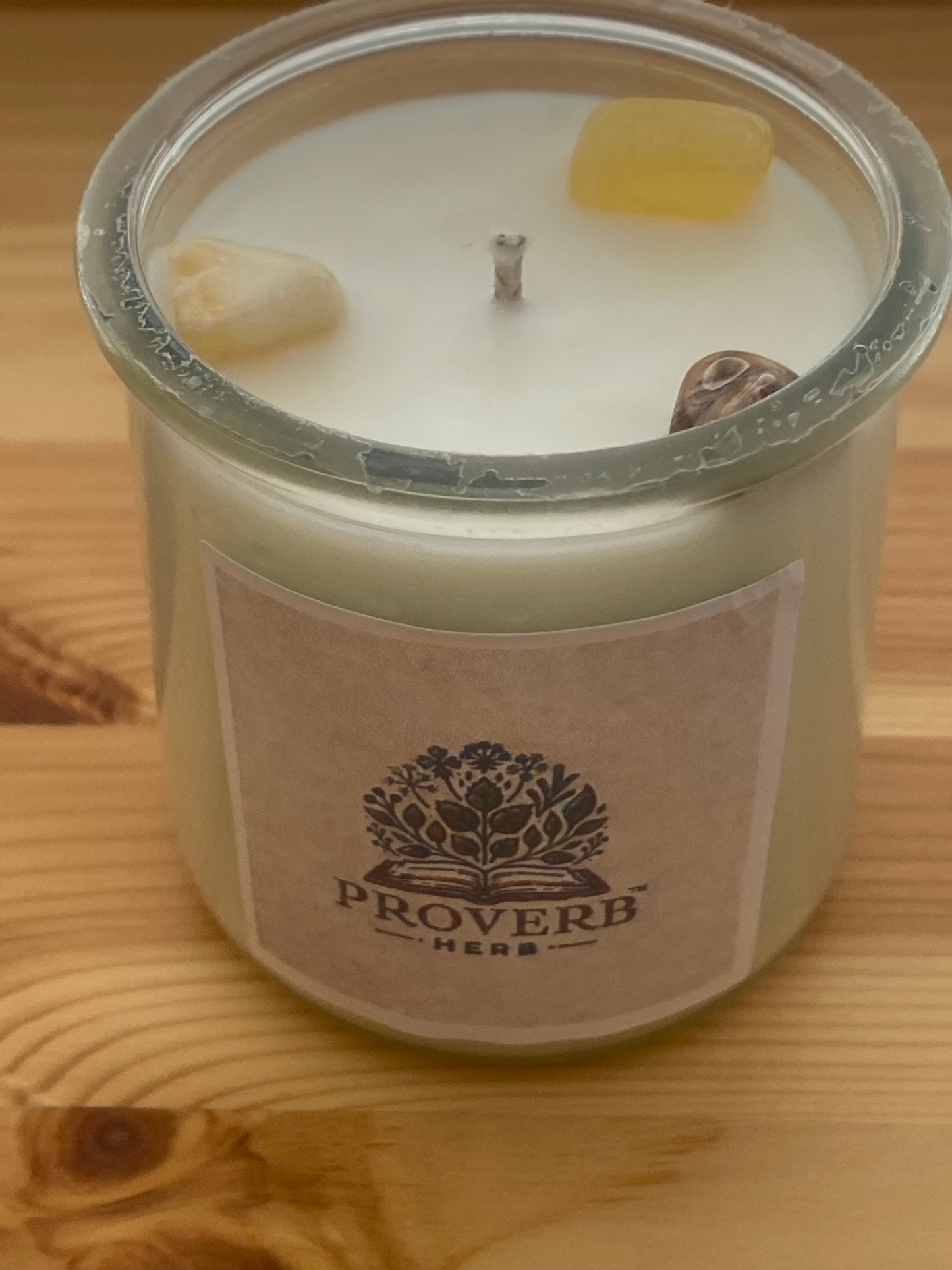 Upcycled Golden Lavender Grove soy wax candle in a 4-ounce glass jar.